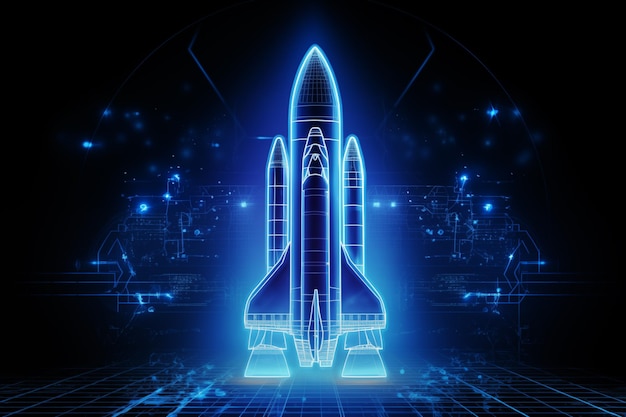 Plano de fundo de tecnologia de foguetes de néon azul por Generative AI