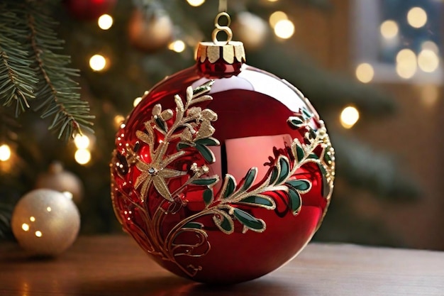 plano de fundo de um brinquedo vermelho pendurado em uma árvore de Natal decorada