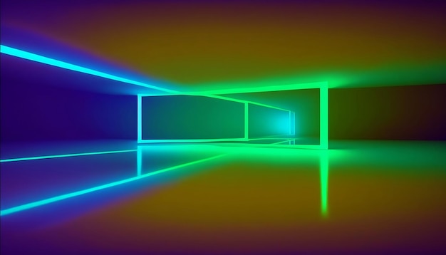 Plano de fundo de um corredor de sala vazia Holofotes coloridos reflexos de luz neon em ladrilhos Linhas de laser moldam poluição