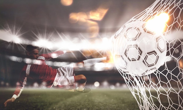 Plano de fundo de uma bola de futebol marca um gol na rede 3D Rendering