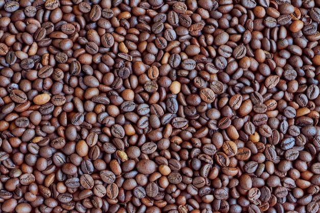Plano de fundo de uma mistura de grãos de café arábica e robusta.