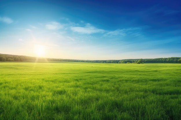 Plano de fundo de uma paisagem de verão com um campo de grama verde e céu azul