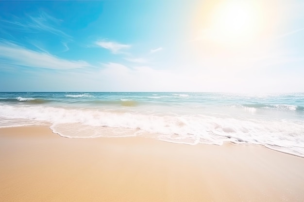 Plano de fundo de uma praia paradisíaca com areia branca e mar turquesa com raios solares Ai generative