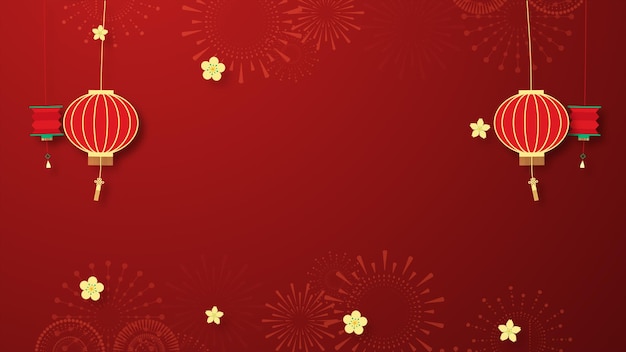 Plano de fundo do ano novo chinês com elementos decorativos chineses e flores de cerejeira com fogos de artifício. Conceito de banner de férias, decoração de fundo de celebração do ano novo chinês.