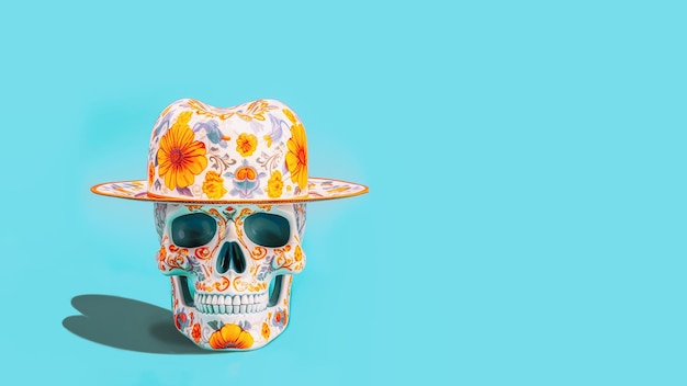 Plano de fundo do Dia dos Mortos. Crânio humano pintado com chapéu para o Dia dos Mortos do México (El Dia de Muertos) em fundo azul claro com espaço de cópia. IA generativa