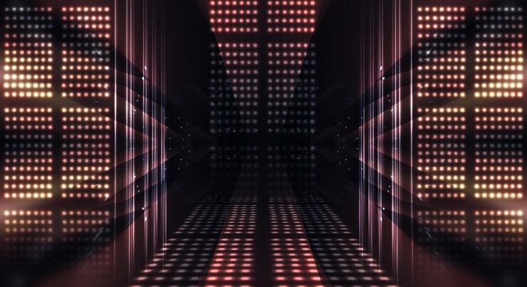 Plano de fundo do show de palco vazio. Luz neon e show de laser. Formas futuristas de laser em um fundo escuro. Luz de néon azul, reflexão simétrica