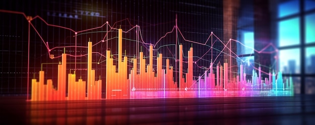 Plano de fundo gráfico de gráfico de crescimento de marketing widescreen com luzes de neon