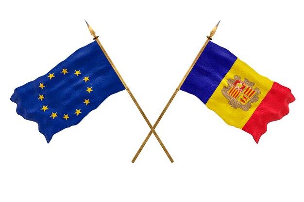 Plano de fundo para designers Modelo 3D do Dia Nacional Bandeiras nacionais União Europeia e Andora