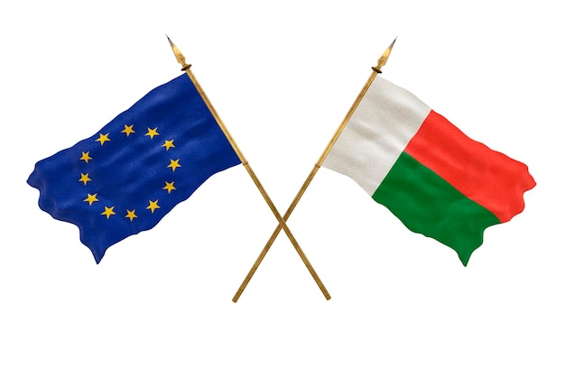 Plano de fundo para designers Modelo 3D do Dia Nacional Bandeiras nacionais União Europeia e Madagascar