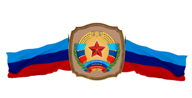 Plano de fundo para editores e designers Ilustração 3D de feriado nacional Bandeira e o brasão de armas da República Popular de Lugansk