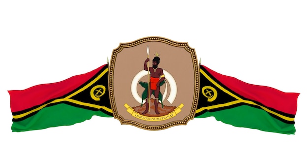 Plano de fundo para editores e designers Ilustração 3D de feriado nacional Bandeira e o brasão de armas de Vanuatu