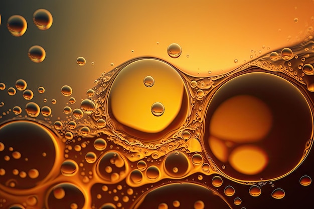 Plano de fundo para fotografia macro com bolhas abstratas feitas de gradiente de água e azeite de bolhas à deriva laranja em close-up
