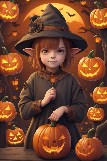 Plano de fundo para o Halloween com abóboras assustadoras e velas em um cemitério à noite com um castelo