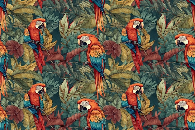 Plano de fundo perfeito com padrão de papagaios de pássaros na selva Ilustração de IA generativa