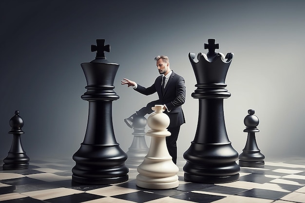 Foto plano de negócios e conceito de estratégia empresário movendo uma peça de xadrez gigante contra outra peça de xadres