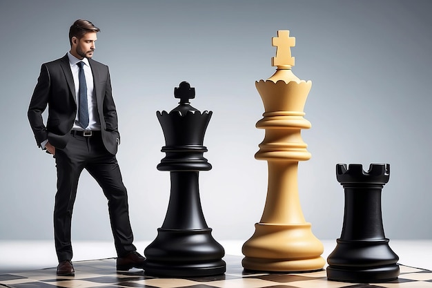 Foto plano de negócios e conceito de estratégia empresário movendo uma peça de xadrez gigante contra outra peça de xadres