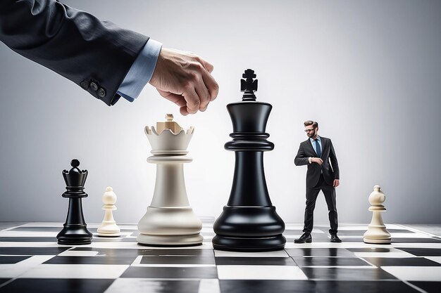 Plano de negócios e conceito de estratégia Empresário movendo uma peça de xadrez gigante contra outra peça de xadres