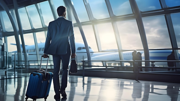 Plano de negócios Homem de negócios bem-sucedido com bolsa no aeroporto