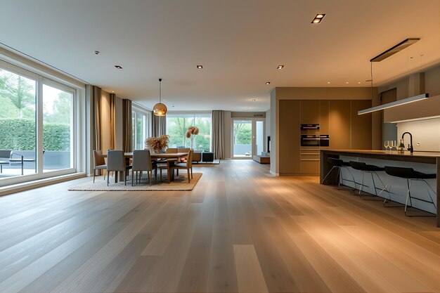Plano de piso aberto com design de pisos de madeira sólida