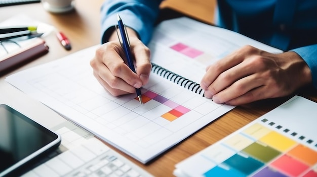 Foto plano de planejamento calendário e agenda de lembretes closeup de organizar com notas adesivas de codificação de cores para gerenciamento de tempo calendário produtivo para planejamento de compromissos e lembretes