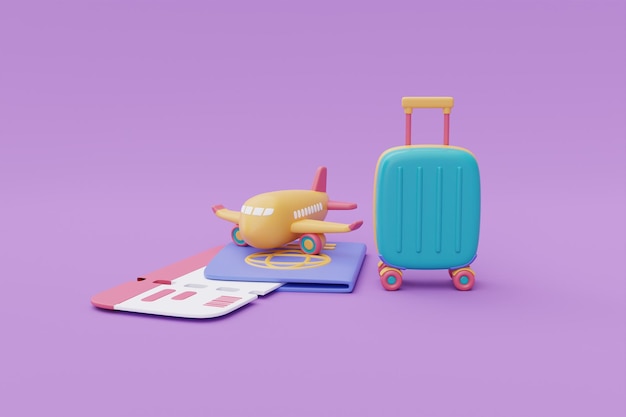 Foto plano de turismo e viagem para viajar passaporte de mala de avião e ingressos renderização em 3d