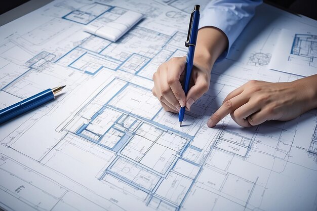 Plano de dibujo a mano en la reunión de trabajo del equipo de ingenieros de impresión en azul