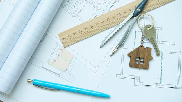 Plano de disposición del apartamento sobre la mesa.