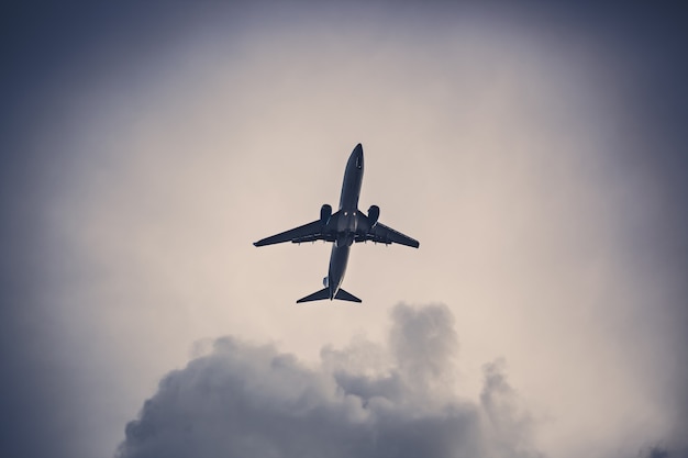 Foto plano e céu cinza, avião decola para o céu