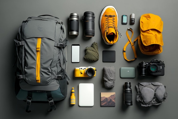 Foto plano de equipo de campamento y ropa de trekking mochila de embalaje para un concepto de viaje con artículos de viajero aislados en un fondo gris ia generativa