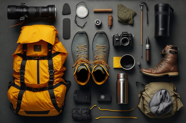 Plano de equipo de campamento y ropa de trekking Mochila de embalaje para un concepto de viaje con artículos de viajero aislados en un fondo gris IA generativa