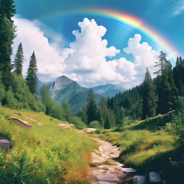 Plano general del bosque de la naturaleza del arco iris de la montaña