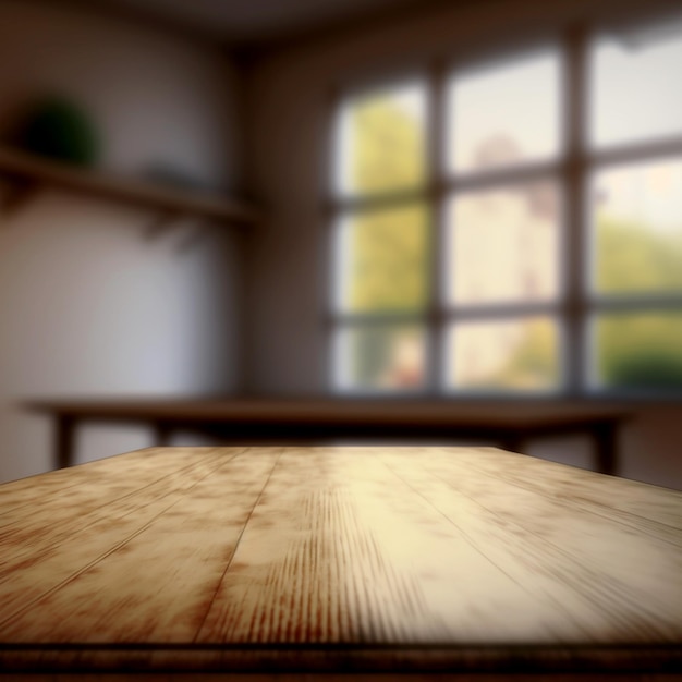 Plano horizontal de una mesa de madera para la colocación de productos y publicidad de productos en la cocina ilustrada en 3d