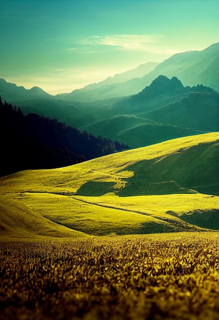 Foto plano horizontal de una naturaleza intacta ilustrada en 3d