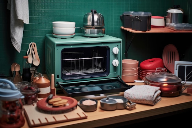 Foto plano de horno tostador y utensilios de cocina cercanos