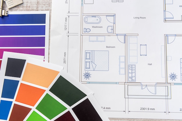 Plano de inicio con paleta de colores. arquitectura de diseño, rehabilitación de viviendas