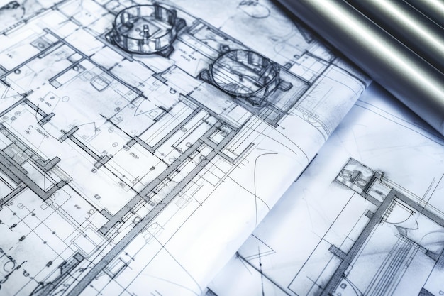 Un plano con un lápiz encima que representa el proceso de diseño y creación de un edificio.