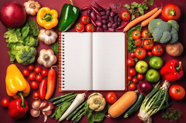 Plano de libro de recetas abierto con verduras y frutas frescas