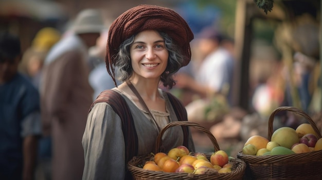 Plano medio de una mujer judía vendiendo fruta en un día de mercado en Israel