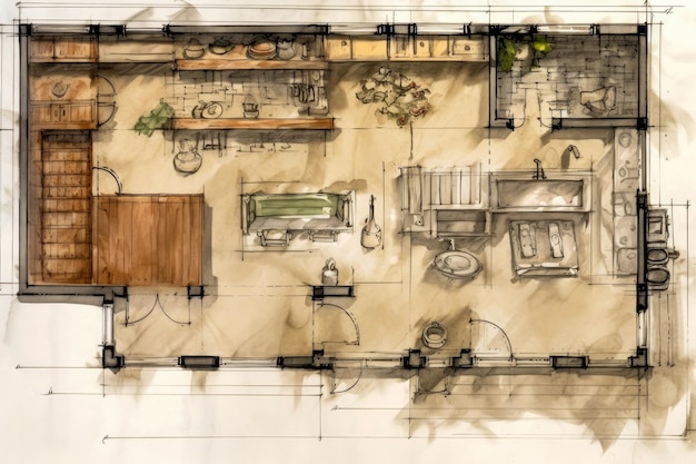 Plano de una nueva cocina dibujada por un arquitecto