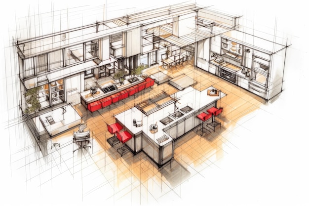 Plano de una nueva cocina dibujada por un arquitecto