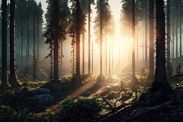Plano panorámico de bosque denso con el sol brillando a través de los árboles