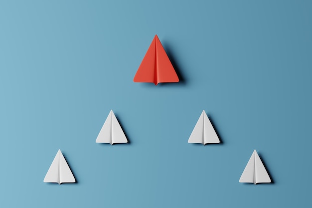 Plano de papel rojo y blanco mínimo sobre fondo azul Concepto de liderazgo empresarial representación 3d