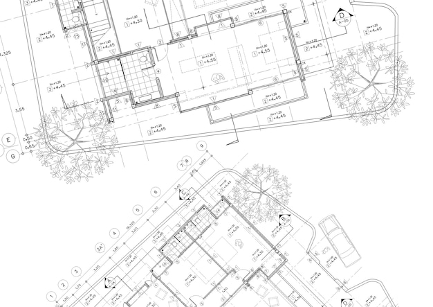 Foto plano de planta diseñado construyendo sobre el dibujo.