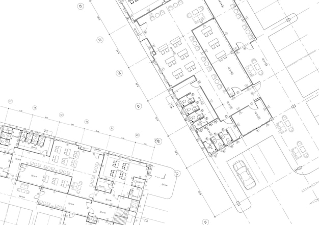 Plano de planta diseñado edificio en el dibujo