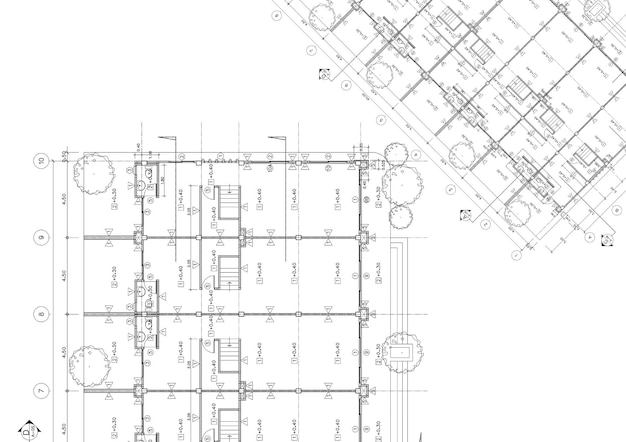 Plano de planta diseñado edificio en el dibujo