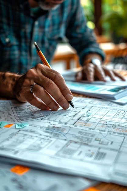 Foto los planos arquitectónicos revisados por un profesional