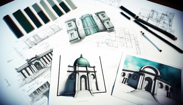 Foto planos de construcción en bocetos de casas de arquitectura de mesa generados con ai