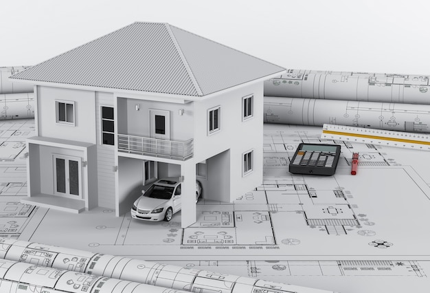 Planos de construcción con herramientas de dibujo y vivienda, concepto de vivienda arquitectónica.