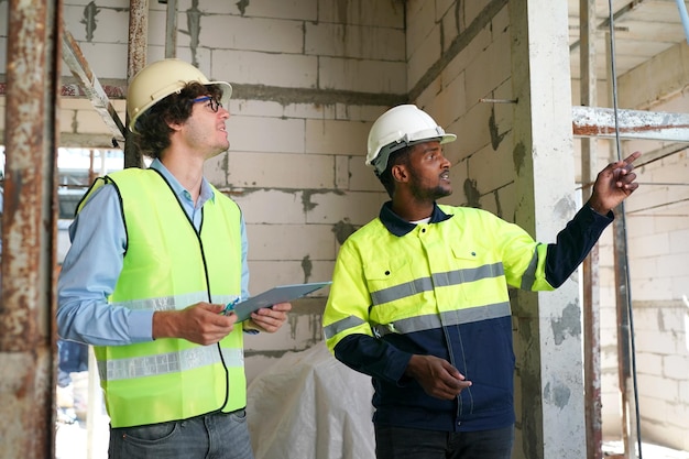 Foto planos y planos de discusión de arquitecto e ingeniero de construcción o topógrafo