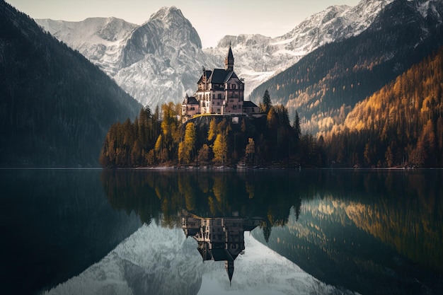 Plansee Alpensee historische Burg und erhabene Landschaft generative IA